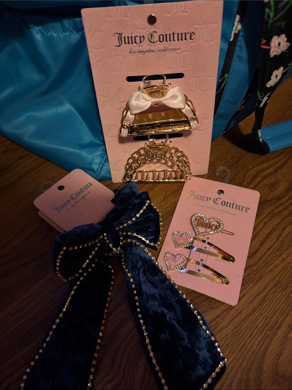 Juicy Couture Navy Velvet Bow Hair Clips with Gold-Tone & Pink Accent Clips